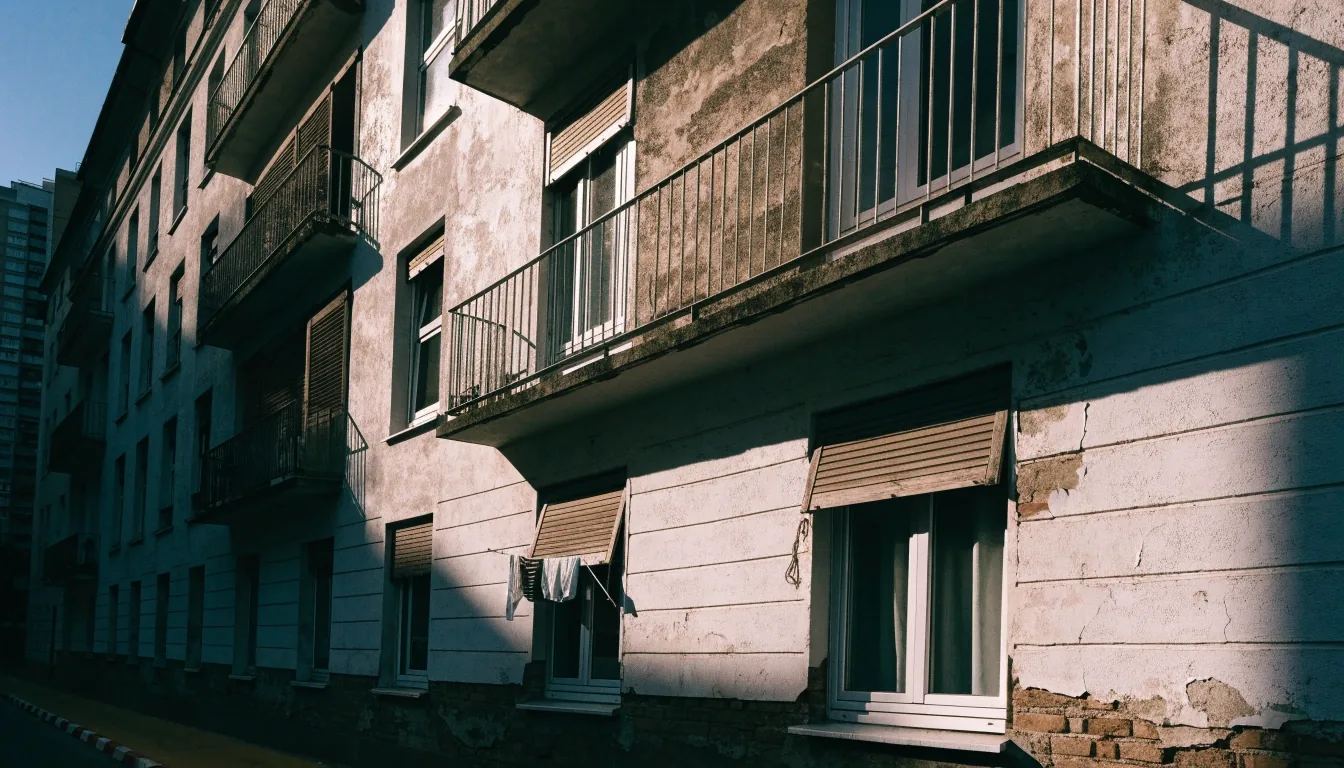 Fachada residencial de Bilbao con persianas de alquiler a media tarde, sol duro sobre el yeso