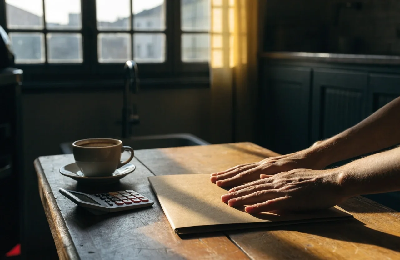 Manos sobre una carpeta cerrada en una mesa de cocina por la tarde, con calculadora y café