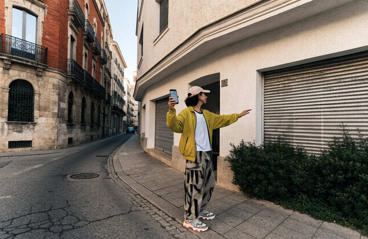 Fachada residencial española al sol de la tarde con contraventanas de madera