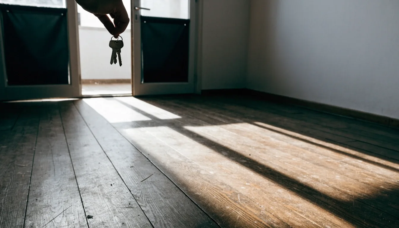 Llaves de un piso vacío sobre el suelo de madera, con luz de balcón entrando de lado
