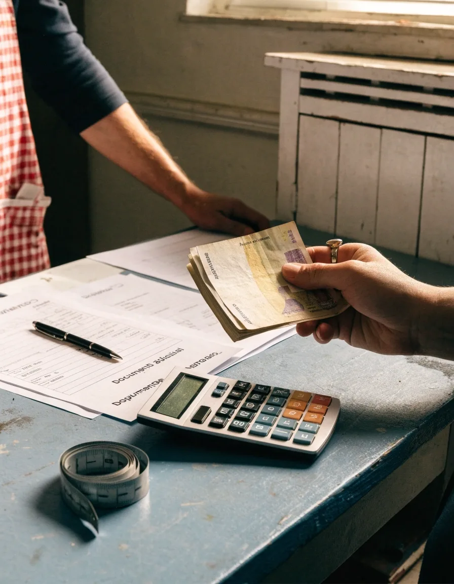 Vista cenital de una mesa de cocina con calculadora y café, solo manos y superficies en blanco