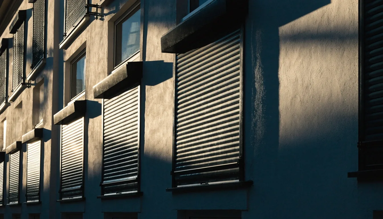 Fachada residencial en Bilbao con persianas bajadas bajo luz de tarde