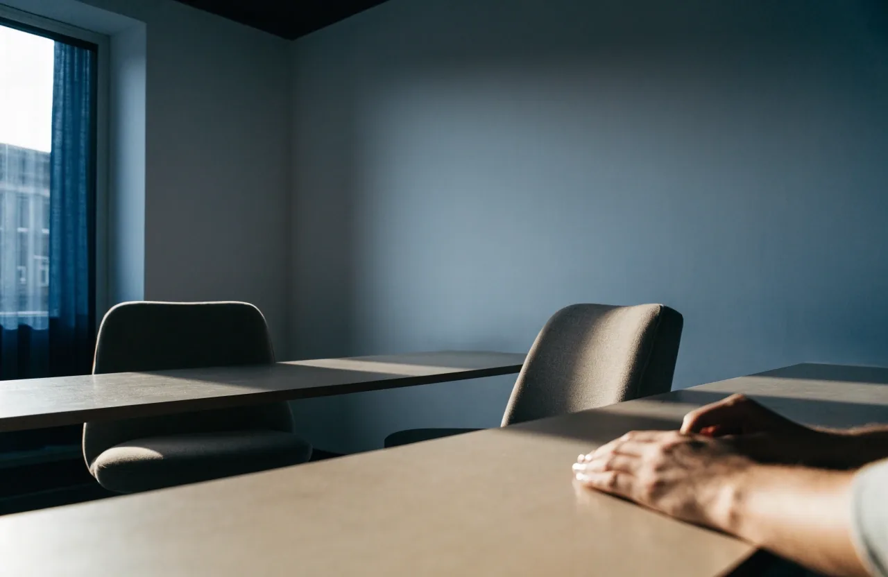Sala de reuniones neutra con dos sillas frente a una mesa baja y luz fría de ventana