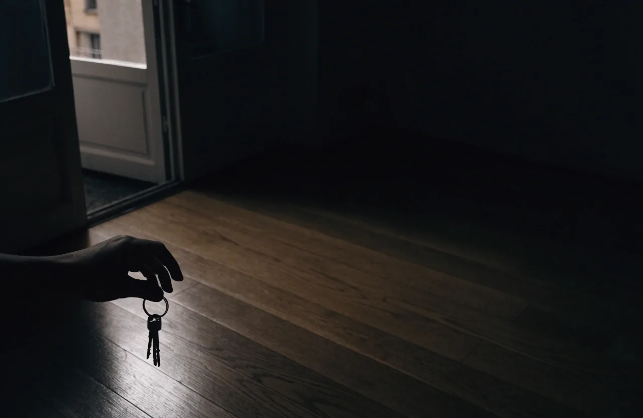 Mano con un llavero sobre el suelo de un piso vacío en España