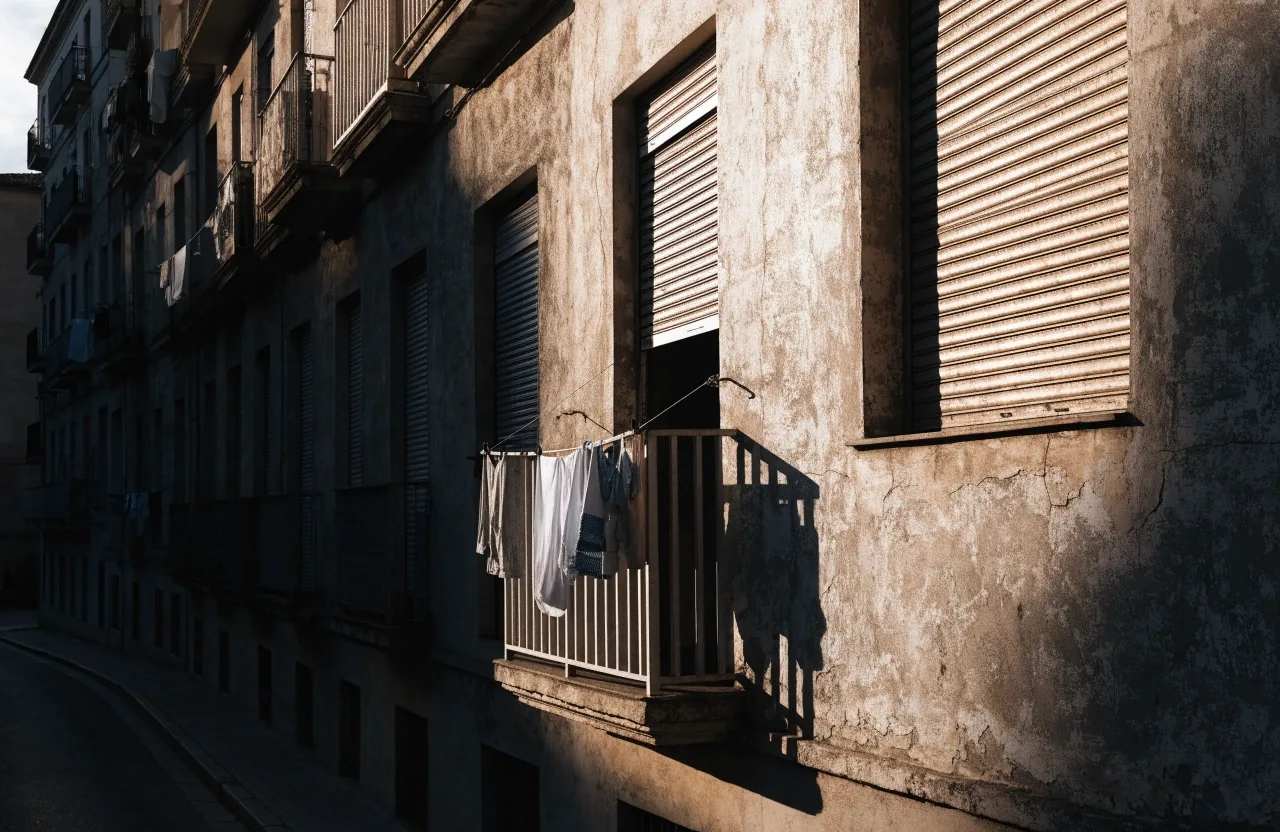 Fachada de un edificio residencial español a media tarde con persianas medio bajadas